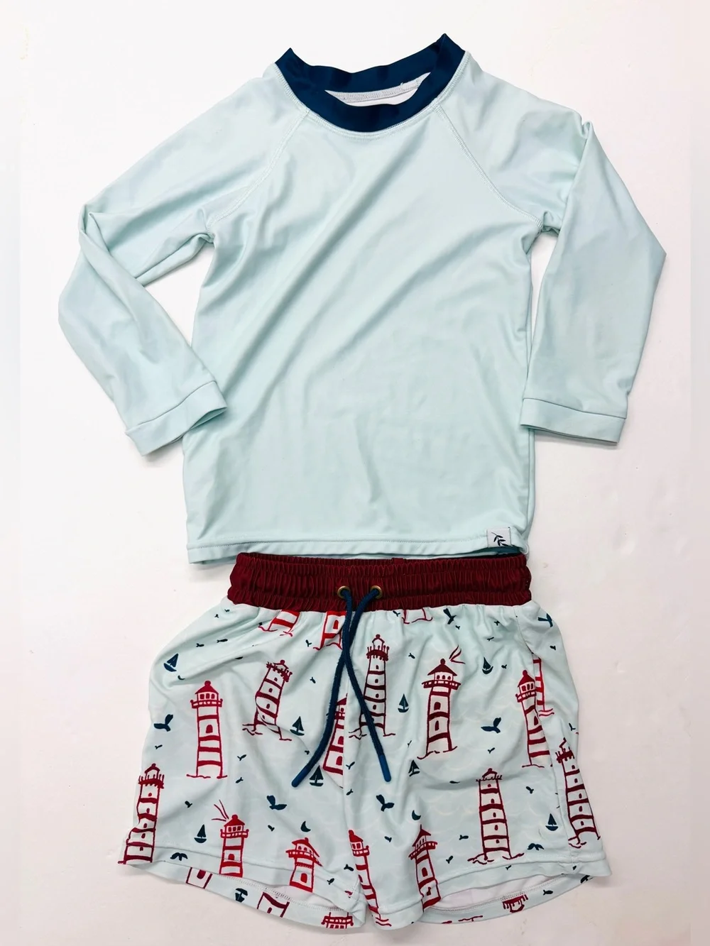 SweetHoney Boys Blue Rash Guard Set Lighthouse Print Shorts Trunks Swimsuit